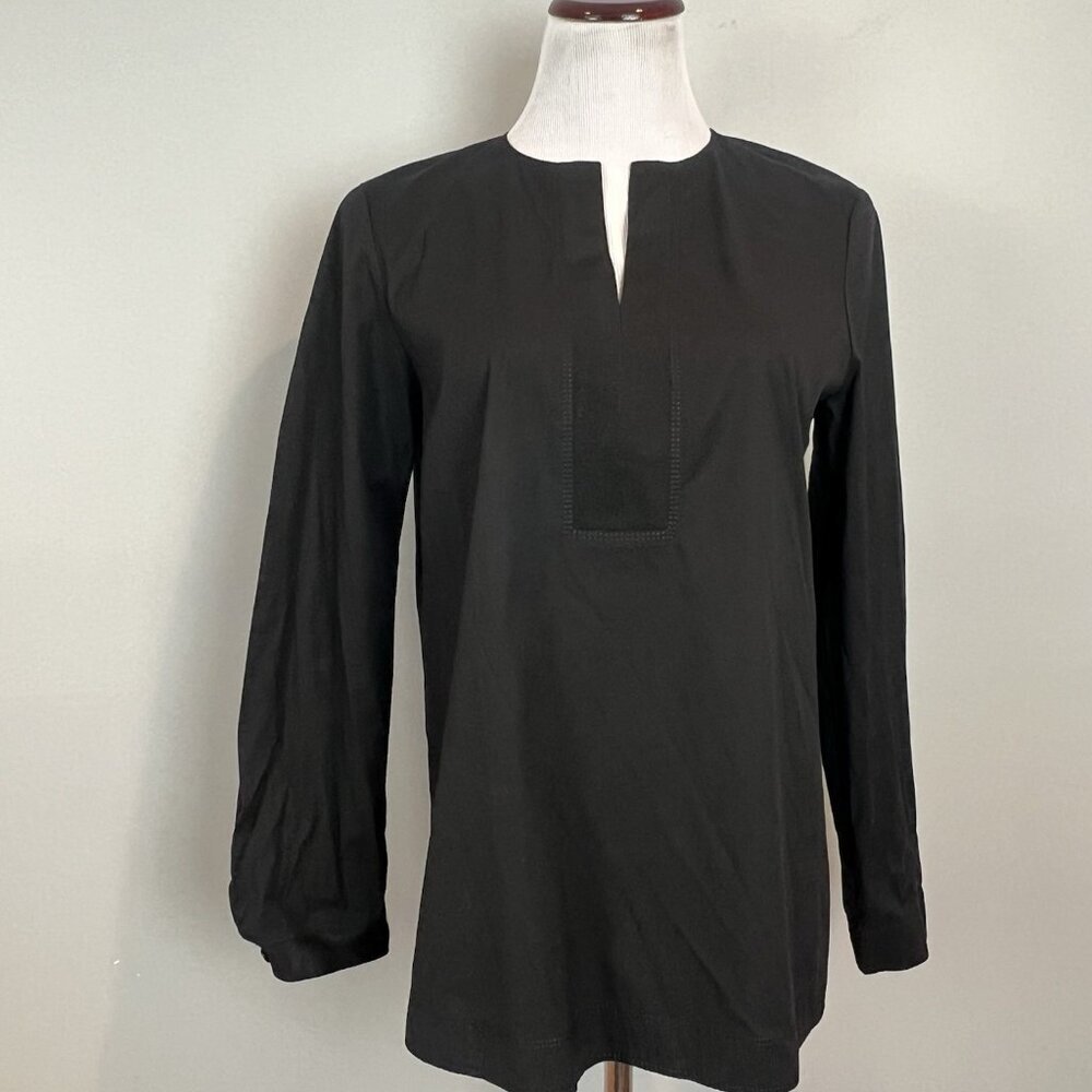 Lafayette 148 Black Henley Blouse Size Medium‎ Long Sleeve Cotton Blend